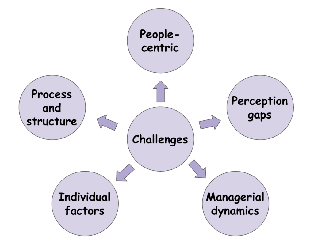 Agile principles and the key dynamics influencing organizational challenges, including people dynamics, perception gaps, and process structures.