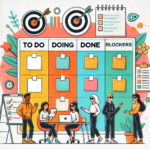 Banner-style illustration of a daily stand-up cycle in Agile methodology with a clock, checklist, and circular arrows representing updates, blockers, and goals.