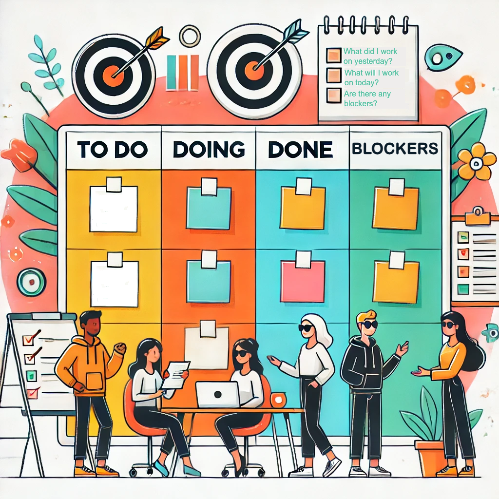 Banner-style illustration of a daily stand-up cycle in Agile methodology with a clock, checklist, and circular arrows representing updates, blockers, and goals.